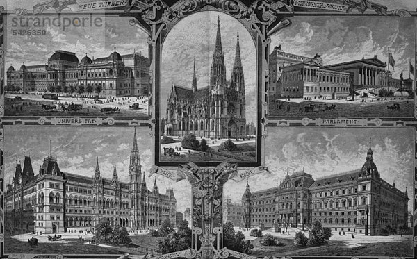 Wiener Monumentalbauten: Universität  Parlament  Rathaus  Justizpalast  Votivkirche  Wien  Österreich  Holzschnitt  1882
