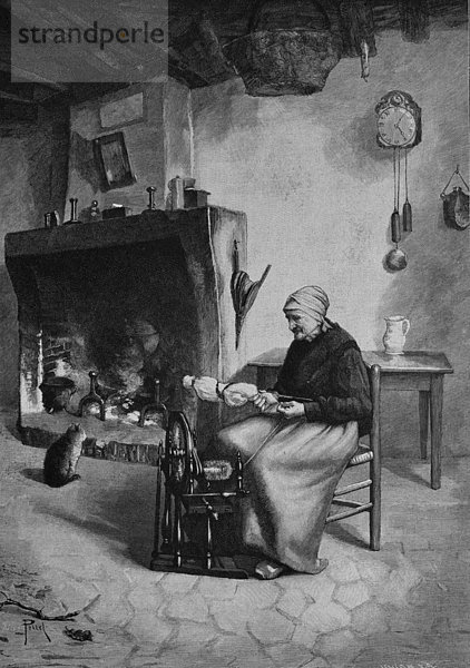 Frau spinnt Wolle spinnen mit Spinnrad  Holzschnitt  1882