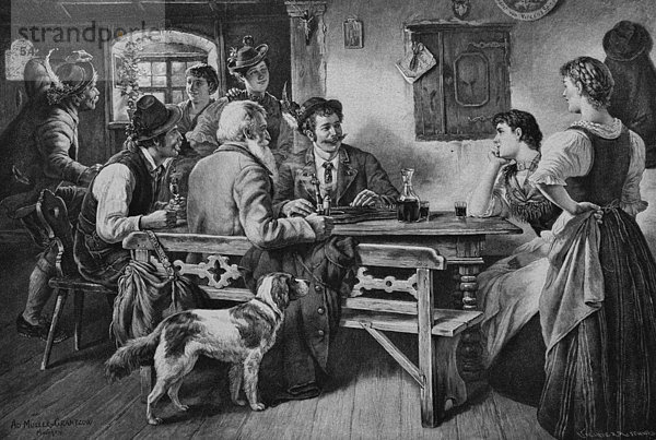 Liebeswerben in der Wohnstube eines reichen Bauern  Holzschnitt 1899