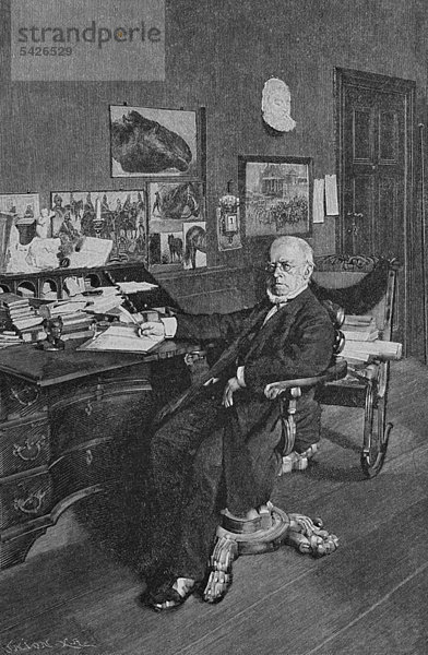 Adolph von Menzel an seinem Schreibtisch  1815 - 1905  Maler  Zeichner und Illustrator  Holzschnitt  1888