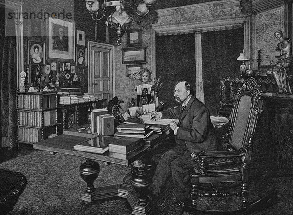 Friedrich Spielhagen in seinem Arbeitszimmer  1829 - 1911  deutscher Schriftsteller  Holzschnitt  1888