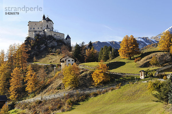 Schloss Tarasp in herbstlich verfärbter Landschaft  Scuol  Unterengadin  Graubünden  Schweiz  Europa