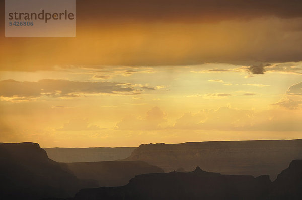 Gewittersturm und Regenschauer  Blick bei Sonnenuntergang von Aussichtspunkt Yavapai Point auf Isis Temple  Bright Angel Canyon  Grand Canyon Nationalpark  South Rim  Südrand  Arizona  Vereinigte Staaten von Amerika  USA