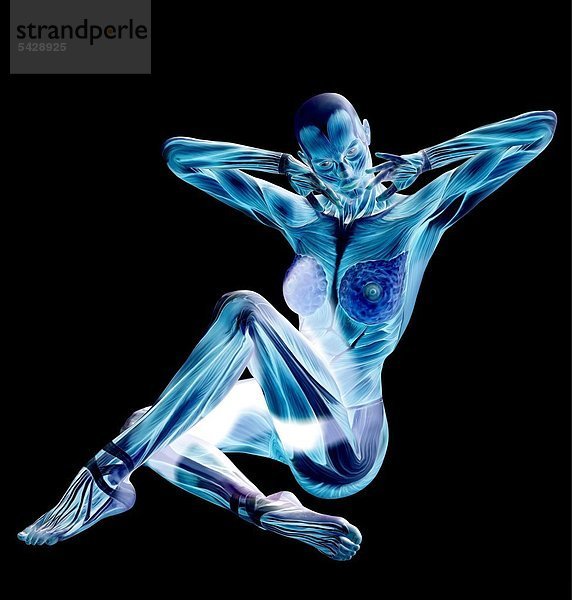 Muskulatur des Menschen am Beispiel einer sitzenden Frau - negativ - musculature of humans