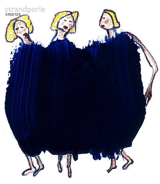 Moderne Kunst - Illustration von drei blonden Frauen mit blauen Kleidern