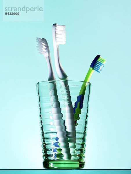 Glas mit drei Zahnbürsten vor blauem Hintergrund.