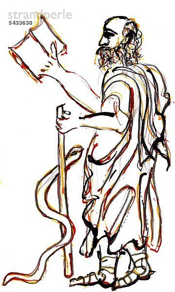 Zeichnung von Hippokrates mit Stock Lehrbuch und Schlange