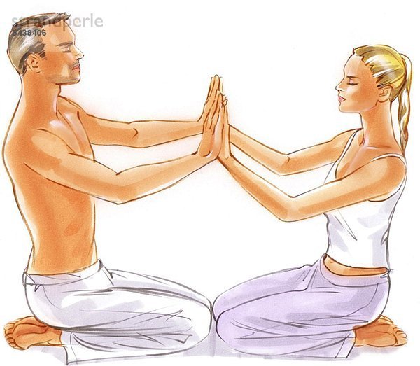 Illustration - Junges Paar in Sportbekleidung sitzt sich gegenüber   die Handflächen aneinander - Partnerübung Yoga