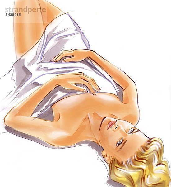 Illustration - Junge blonde Frau liegt mit einem weißen Tuch bedeckt und blickt nachdenklich nach oben