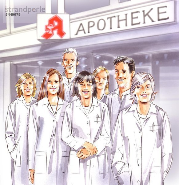 Illustration - Gruppe von Apothekern in weißen Kitteln steht vor einer Apotheke