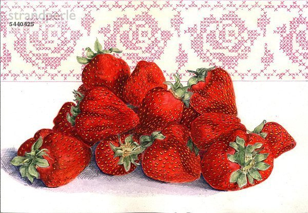 Illustration - mehrere Erdbeeren - Stoffmuster im Hintergrund