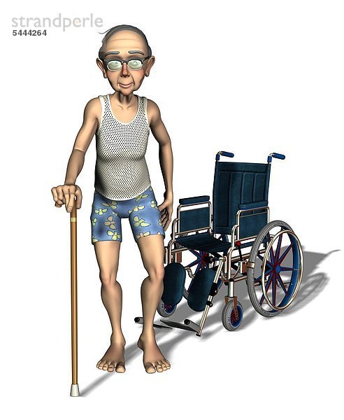 Alter Mann mit Krückstock und Rollstuhl