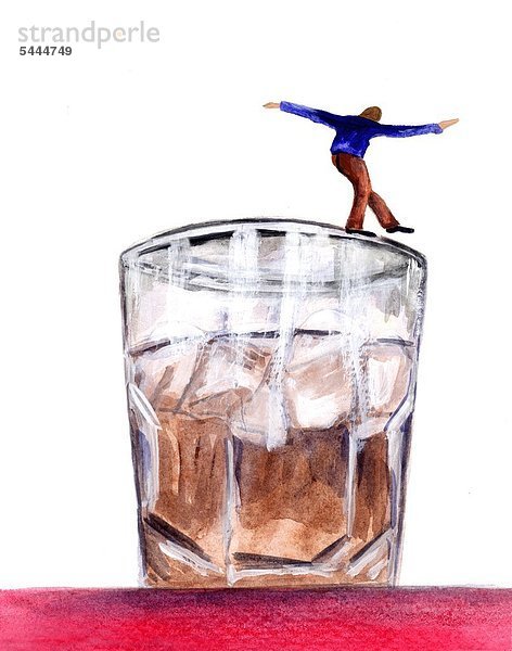 Illustration - Symbol - ein Mann balanciert auf dem Rand von einem Whiskyglas