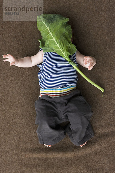 Ein kleines Mädchen auf dem Boden liegend mit einem großen Blatt  das ihr Gesicht bedeckt.