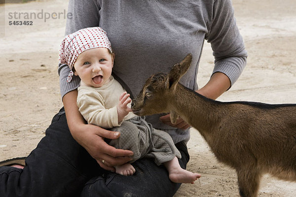 Eine Ziege knabbert am Finger eines Babys.