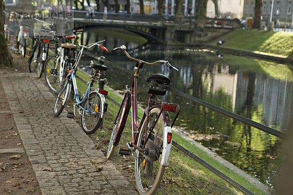 Fünf Fahrräder stehen in einer Reihe an einem Fluss.