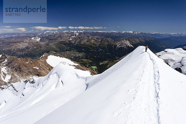 Bergsteiger beim Abstieg vom Piz Palü  hier auf dem Gipfelgrat  Graubünden  Schweiz  Europa