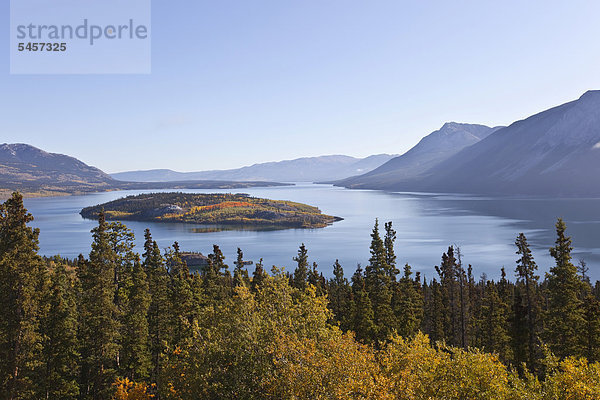 Farbaufnahme Farbe Wind See Insel Herbst Yukon Tagish Lake