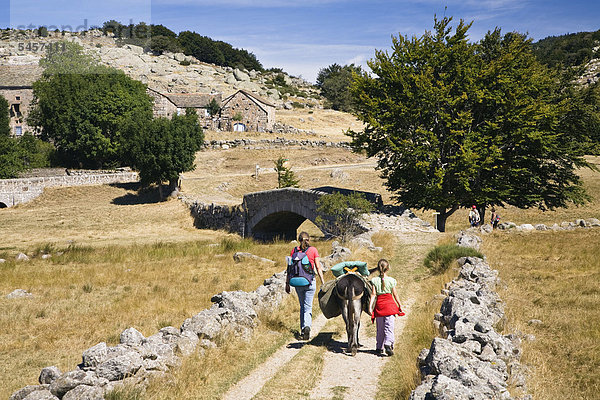 Mutter und Tochter mit Esel auf Eselswanderung in den Cevennen  Frankreich  Europa