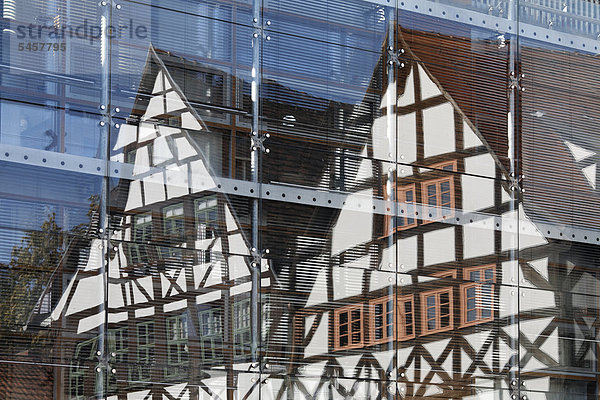 Fachwerkhäuser spiegeln sich in moderner Glasfassade  Benediktplatz  Altstadt Erfurt  Thüringen  Deutschland  Europa