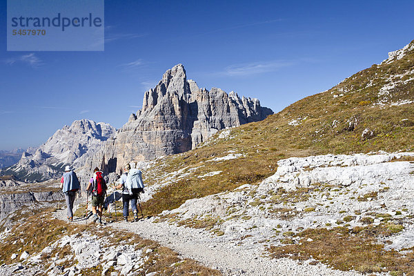 Wanderer beim Aufstieg zum Paternkofel  hier auf dem Büllelejoch  hinten die Drei Zinnen und der Monte Cristallo  Sexten  Hochpustertal  Dolomiten  Südtirol  Italien  Europa