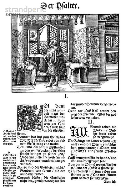 Historischer Druck  Holzschnitt von 1534  Seite der 1. Bibelübersetzung von Martin Luther  1483 - 1546  aus dem Bildatlas zur Geschichte der Deutschen Nationalliteratur von Gustav Könnecke  1887