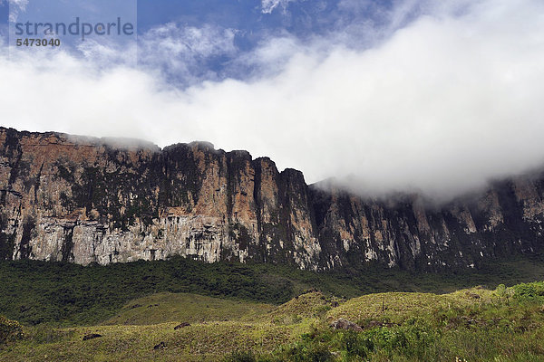 Steilwand vom Tafelberg Roraima mit Wolken  höchster Berg Brasiliens  Dreiländereck Brasilien  Venezuela  Guyana auf der Hochebene  Südamerika