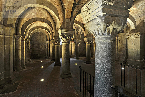 Säulenkapitell mit Widder-Motiv im unterirdischen Säulenhain der heidnischen Krypta  10. Jahrhundert  Dom San Sepolcro  Basilica Cattedrale di San Sepolcro  Aquapendente  Latium  Italien  Europa