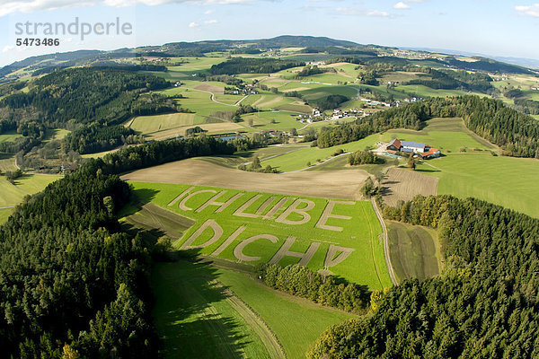 Luftaufnahme des Schriftzuges Ich liebe Dich auf einem Feld bei Altrandsberg im Bayerischen Wald  Bayern  Deutschland  Europa