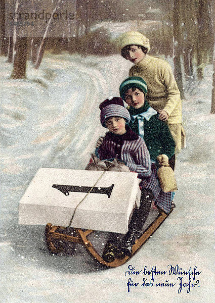 Kinder sitzen auf einem Schlitten  Neujahr  historische Illustration