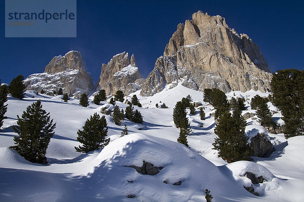 Italien  Dolomiten  Langkofel  Blick auf Fels und Schnee im Winter