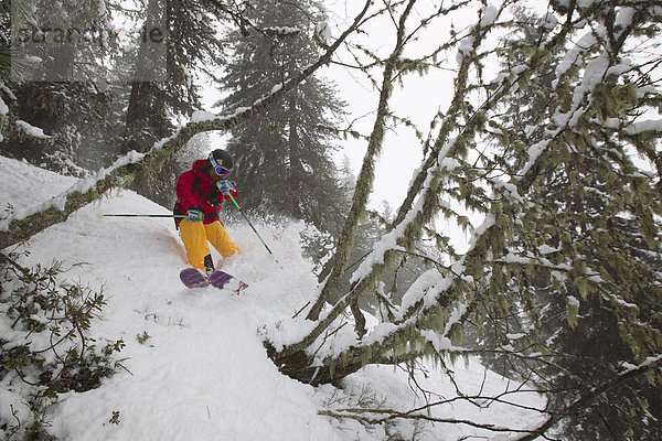 Österreich  Tirol  Hochfilzen  reifer Mann beim Freestyle-Skifahren