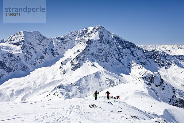 Skitourengeher beim Abstieg von der hinteren Schöntaufspitze  Sulden im Winter  hinten der Zebru und Ortler  Südtirol  Italien  Europa