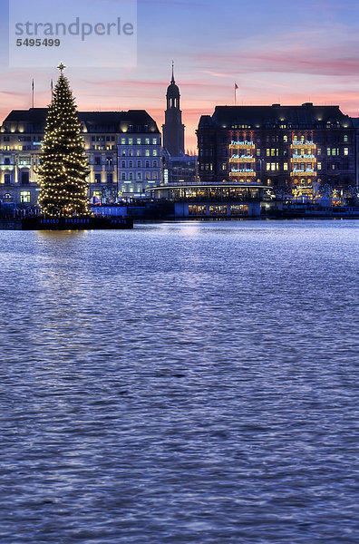 Binnenalster mit Alstertanne und Michel zur Weihnachtszeit in Hamburg  Deutschland  Europa