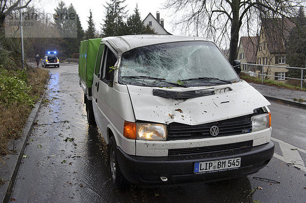 Ein morscher Baum krachte während eines Sturms auf ein vorbeifahrendes Auto und beschädigte dessen Front stark  Hedelfingen  Baden-Württemberg  Deutschland  Europa