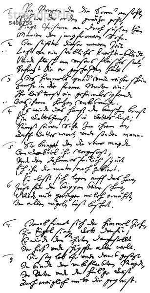 Historische Handschrift  Gedicht von Martin Opitz von Boberfeld  1597 - 1639  der Begründer der Schlesischen Dichterschule und deutscher Dichter des Barock  aus dem Bildatlas zur Geschichte der Deutschen Nationalliteratur von Gustav Könnecke  1887