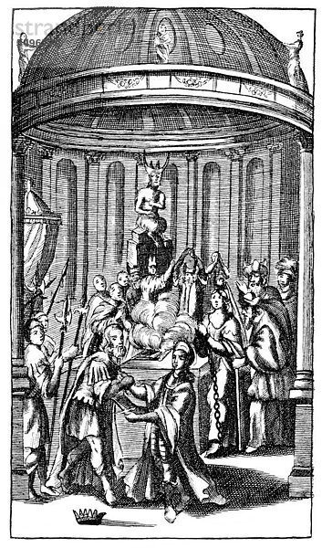 Historischer Druck  Kupferstich von 1689  Die Asiatische Banise  oder Blutiges doch mutiges Pegu von Heinrich Anselm von Ziegler und Kliphausen  oder Heinrich Anshelm von Zigler und Klipphausen  1663 - 1696  ein deutscher Romanschriftsteller des Barock  aus dem Bildatlas zur Geschichte der Deutschen Nationalliteratur von Gustav Könnecke  1887