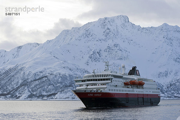 Hurtigrutenschiff Kong Harald bei der Einfahrt in den ÿksfjord  Oeksfjord  Finnmark  Norwegen  Europa