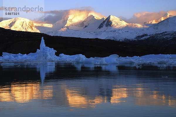 Lago Argentino mit Eisbergen zum Sonnenaufgang nahe Perito Moreno Gletscher  Hochanden  bei El Calafate  Patagonien  Argentinien  Südamerika