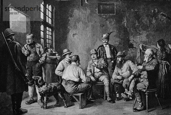 Jagdversammlung in einem Wirtshaus in Bayern  Deutschland  Holzstich  1880