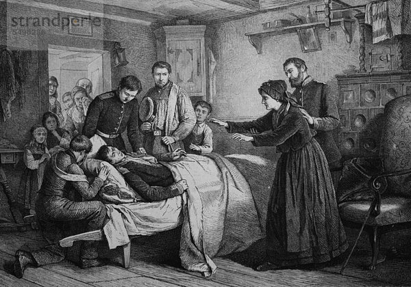 Verletzter Rekrut ist zurück bei seiner blinden Mutter  Holzstich  ca. 1880