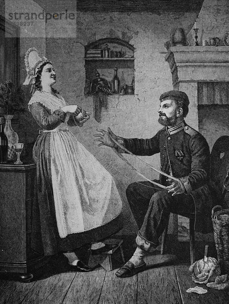 Landwehrmann und Hausmädchen  Holzstich  ca. 1880