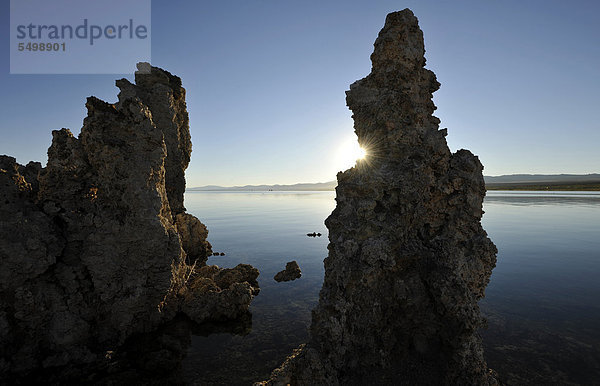 Tufa Rocks  Kalktuff  Tuff  Formationen  Gegenlicht  Sonnenaufgang  South Tufa Area  Natronsee Mono Lake  Mono Basin and Range Region  Sierra Nevada  Kalifornien  Vereinigte Staaten von Amerika  USA