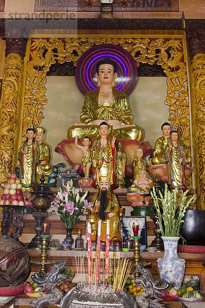 Buddhastatue mit Altar in der Quoc Tu Pagode  Ho Chi Minh Stadt  Saigon  Vietnam  Südostasien