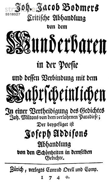 Historischer Druck  Titel von 1740  von Johann Jakob Bodmer  1698 - 1783  ein Schweizer Philologe  aus dem Bildatlas zur Geschichte der Deutschen Nationalliteratur von Gustav Könnecke  1887