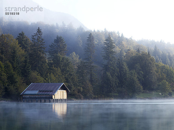 Hütte am Walchensee mit Morgennebel  Einsiedl  Bayern  Deutschland  Europa