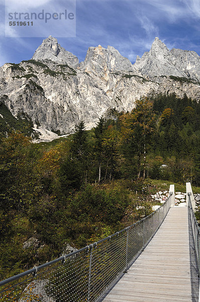 Hängebrücke im Klausbachtal  nach einem Felssturz 2010 neu erbaut  hinten die Mühlsturzhörner  Hintersee  Oberbayern  Bayern  Deutschland  Europa