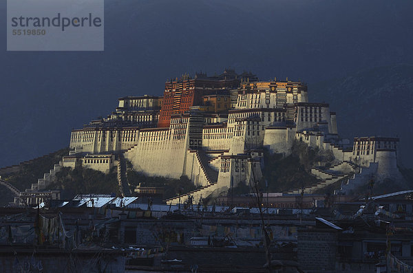 Potala Palast  der Winterpalast des Dalai Lama  über den Dächern der tibetischen Altstadt in Lhasa  zur blauen Stunde mit Scheinwerfern angeleuchtet  Tibet  China  Asien