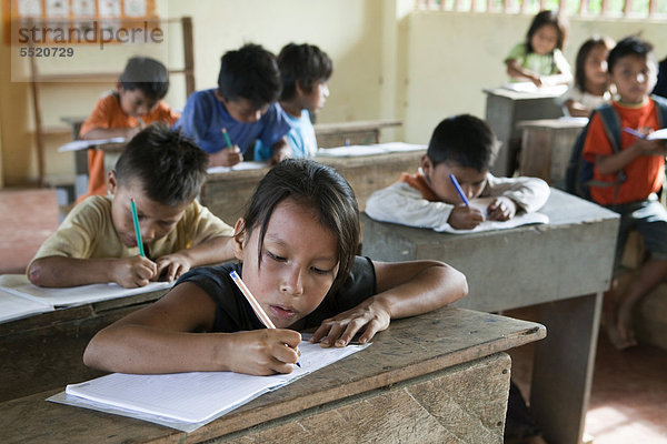 Schüler lernen schreiben in einer Grundschule in einem Dorf ohne Straßenverbindung im Regenwald des Oriente  Curaray  Ecuador  Südamerika