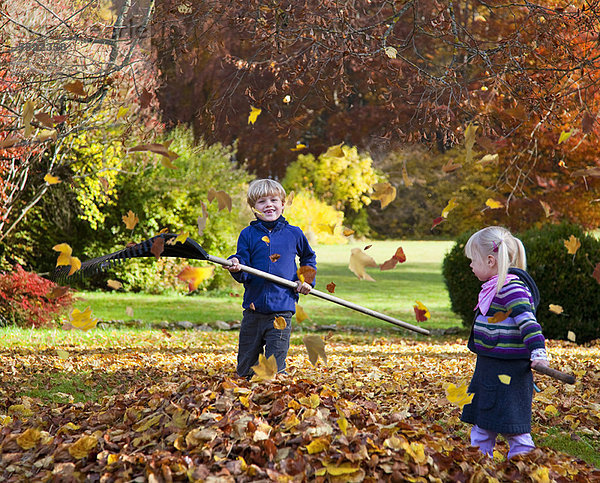 Kinder harken Herbstlaub